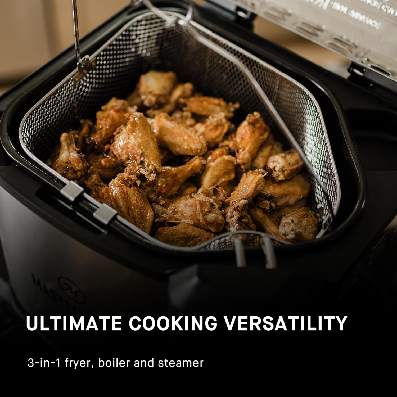 imageMasterbuilt 3in1 10 Liter XL Electric Turkey Fryer plus Boiler and Steamer Combination with Drain Basket and Breakaway Safety Cord in Stainless Steel