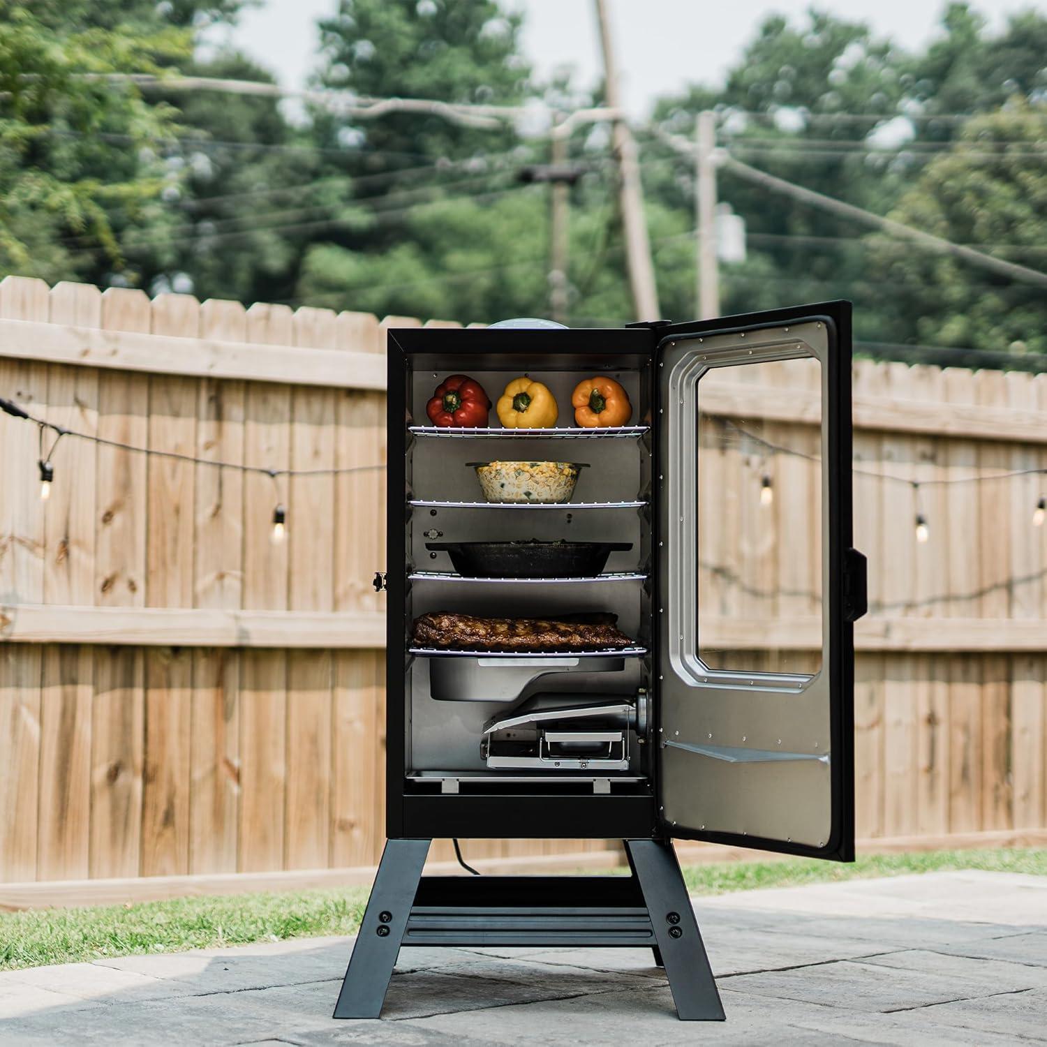 imageMasterbuilt 40inch Digital Electric Vertical BBQ Smoker with Side Wood Chip Loader Chrome Smoking Racks and 970 Cooking Square Inches in Black Model MB2007291840inch Digital with Window Legs