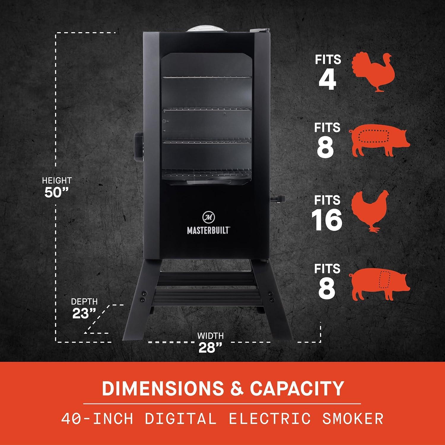 imageMasterbuilt 40inch Digital Electric Vertical BBQ Smoker with Side Wood Chip Loader Chrome Smoking Racks and 970 Cooking Square Inches in Black Model MB2007291840inch Digital with Window Legs