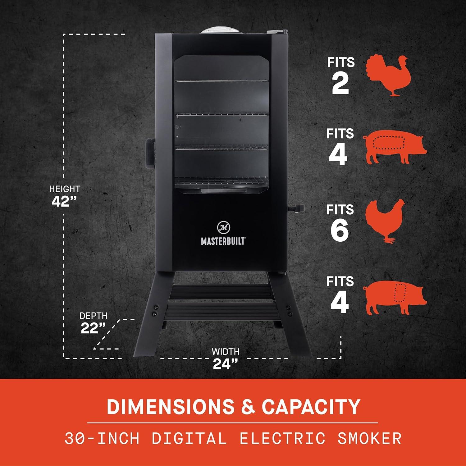 imageMasterbuilt 40inch Digital Electric Vertical BBQ Smoker with Side Wood Chip Loader Chrome Smoking Racks and 970 Cooking Square Inches in Black Model MB2007291830inch Digital with Window Legs