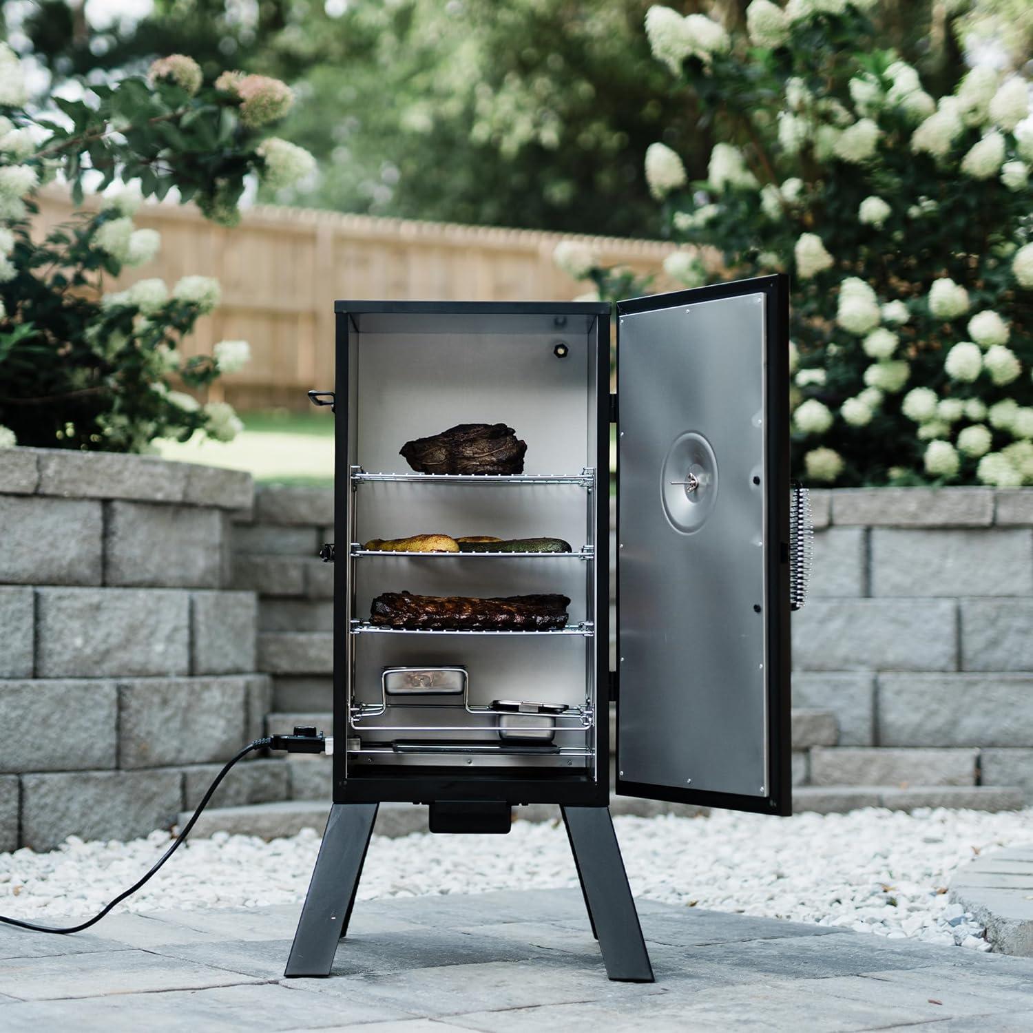 imageMasterbuilt 40inch Digital Electric Vertical BBQ Smoker with Side Wood Chip Loader Chrome Smoking Racks and 970 Cooking Square Inches in Black Model MB2007291830inch Analog