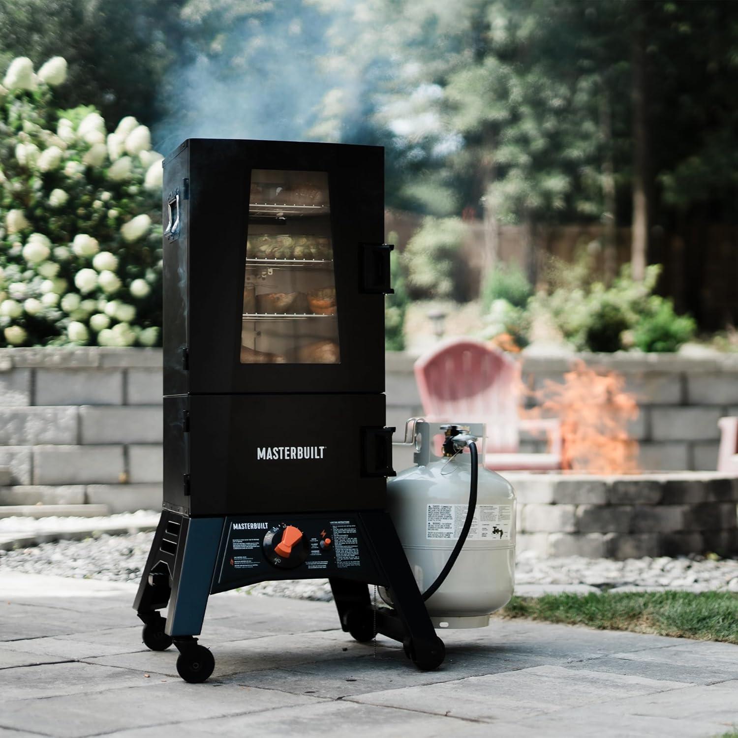 imageMasterbuilt 40inch ThermoTemp Propane Gas Vertical BBQ Smoker with Analog Temperature Control and 960 Cooking Square Inches in Black Model MB20051316