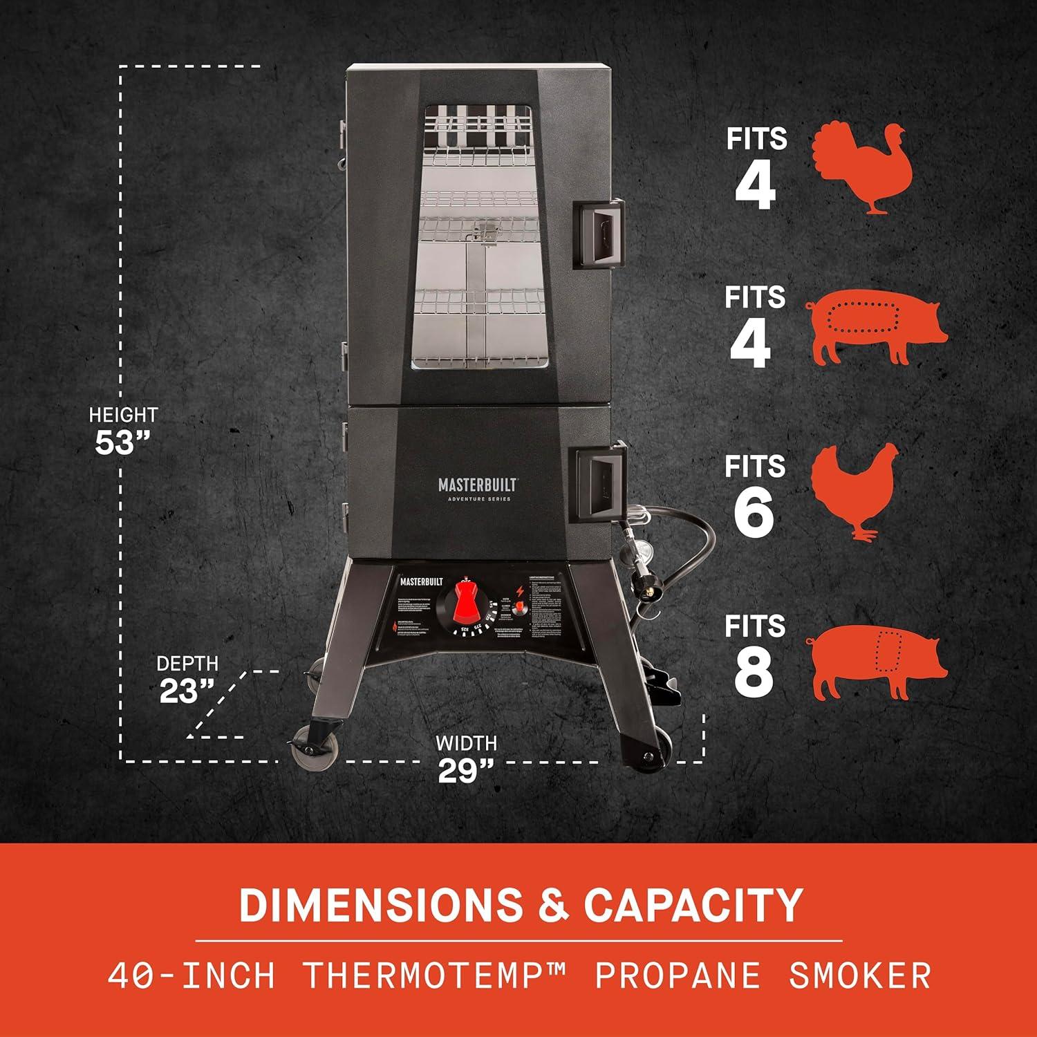 imageMasterbuilt 40inch ThermoTemp Propane Gas Vertical BBQ Smoker with Analog Temperature Control and 960 Cooking Square Inches in Black Model MB20051316