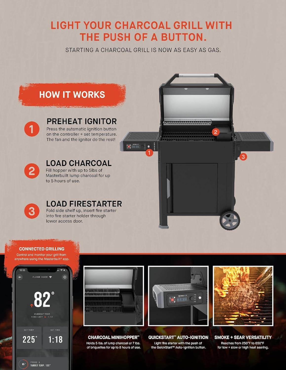 imageMasterbuilt AutoIgnite 545 Digital Charcoal Grill and Smoker Combo for Easy Grilling Digital Control App Sear Plate Mini Hopper and 545 BBQ Cooking Square In in Black
