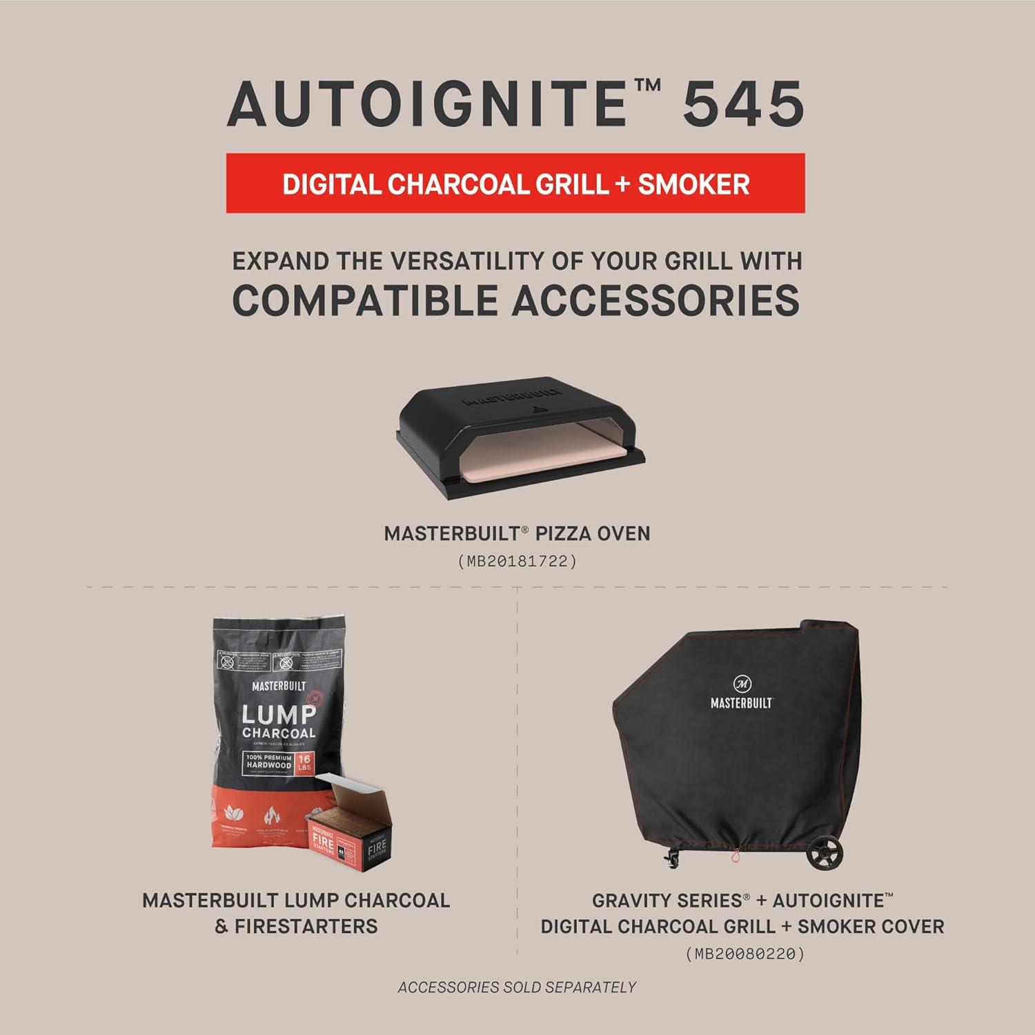 imageMasterbuilt AutoIgnite 545 Digital Charcoal Grill and Smoker Combo for Easy Grilling Digital Control App Sear Plate Mini Hopper and 545 BBQ Cooking Square In in Black