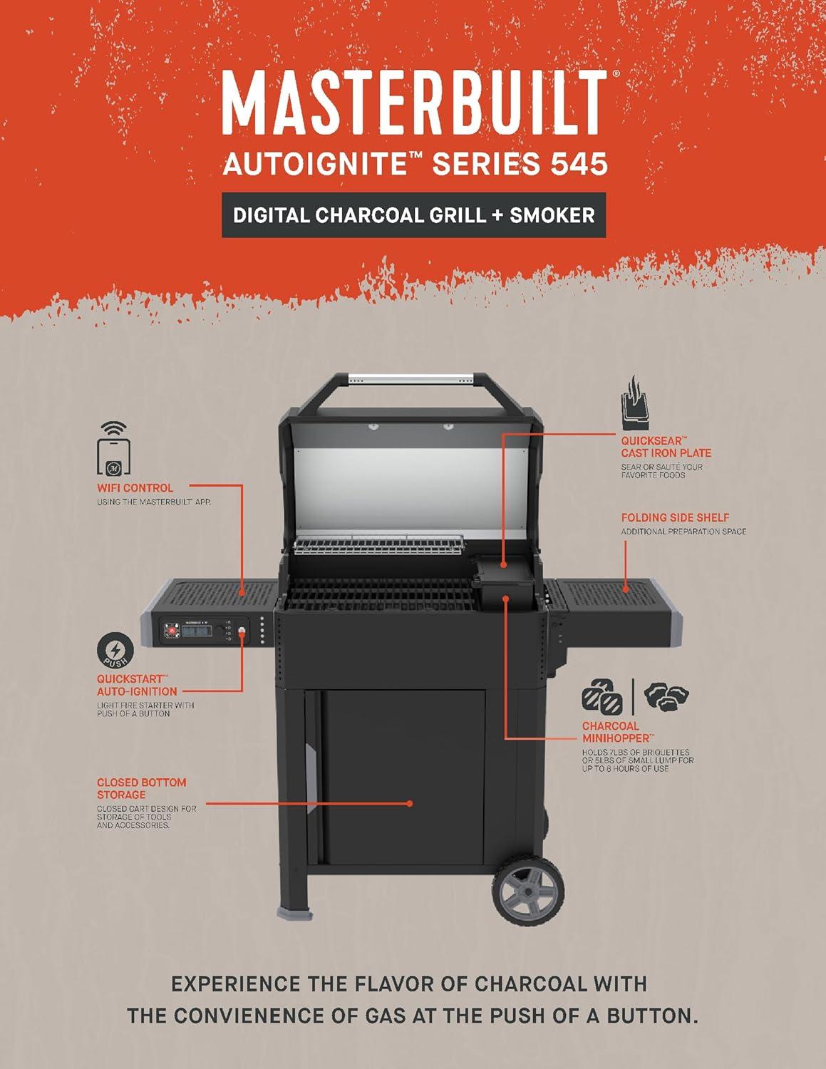 imageMasterbuilt AutoIgnite 545 Digital Charcoal Grill and Smoker Combo for Easy Grilling Digital Control App Sear Plate Mini Hopper and 545 BBQ Cooking Square In in Black